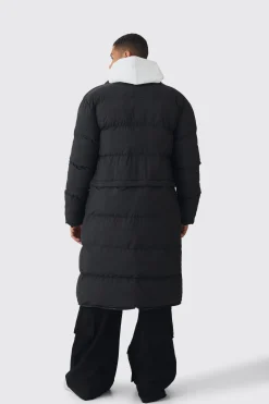 3 In 1 Longline Puffer With Detachable Bag In Black | BoohooMAN UK