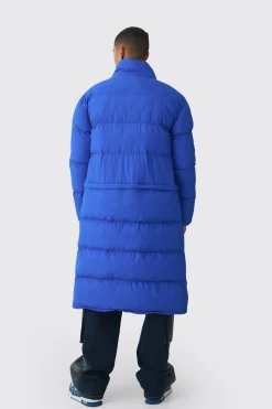 3 In 1 Longline Puffer With Detachable Bag In Blue | BoohooMAN UK