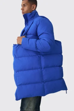 3 In 1 Longline Puffer With Detachable Bag In Blue | BoohooMAN UK