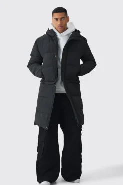 2 In 1 Zip Off Longline Puffer Coat In Black | BoohooMAN UK