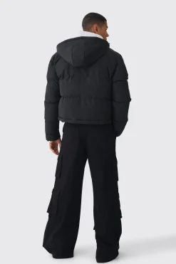 2 In 1 Zip Off Longline Puffer Coat In Black | BoohooMAN UK