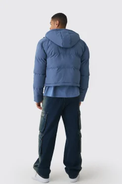 2 In 1 Zip Off Longline Puffer Coat In Dusty Blue | BoohooMAN UK