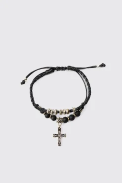 2 Pack Adjustable Cross Pendant Bracelets In Black | BoohooMAN UK