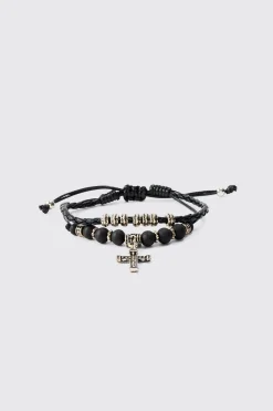 2 Pack Adjustable Cross Pendant Bracelets In Black | BoohooMAN UK