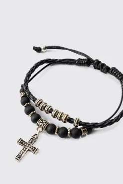 2 Pack Adjustable Cross Pendant Bracelets In Black | BoohooMAN UK