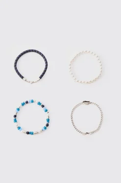 4 Pack Beaded Shell Bracelets In Blue | BoohooMAN UK