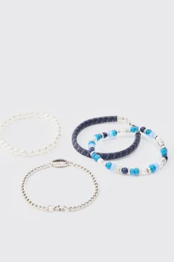 4 Pack Beaded Shell Bracelets In Blue | BoohooMAN UK