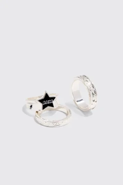 3 Pack BHM Star Rings In Silver | BoohooMAN UK