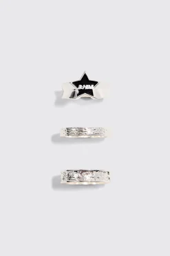 3 Pack BHM Star Rings In Silver | BoohooMAN UK