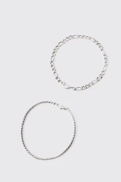 2 Pack Chain Bracelets In Silver | BoohooMAN UK