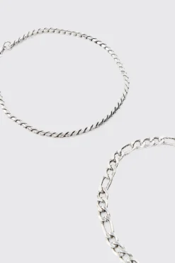 2 Pack Chain Bracelets In Silver | BoohooMAN UK