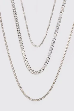 3 Pack Chain Necklace In Silver | BoohooMAN UK