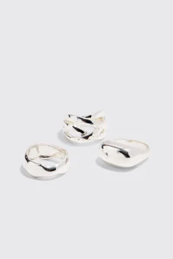 3 Pack Chunky Rings In Silver | BoohooMAN UK