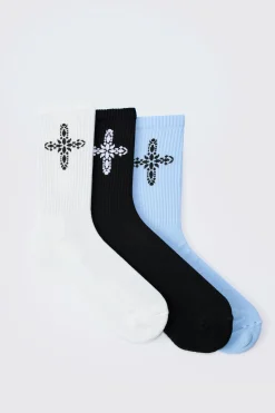 3 Pack Cross Graphic Ribbed Socks | BoohooMAN UK