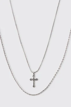 2 Pack Cross Pendant Necklace In Silver | BoohooMAN UK