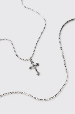 2 Pack Cross Pendant Necklace In Silver | BoohooMAN UK