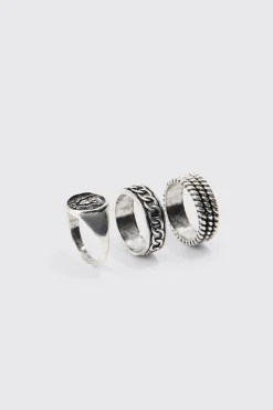 3 Pack Embossed Rings In Silver | BoohooMAN UK