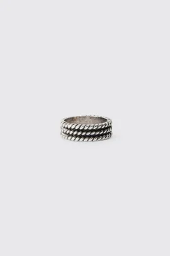 3 Pack Embossed Rings In Silver | BoohooMAN UK