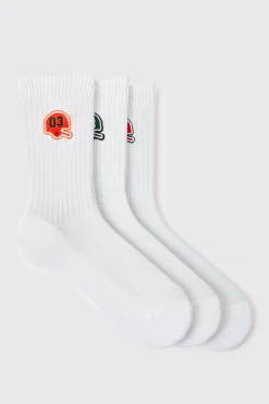 3 Pack Embroidered Varsity Socks | BoohooMAN UK