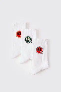 3 Pack Embroidered Varsity Socks | BoohooMAN UK