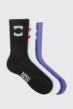 3 Pack Fang Ribbed Socks | BoohooMAN UK