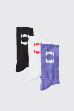 3 Pack Fang Ribbed Socks | BoohooMAN UK