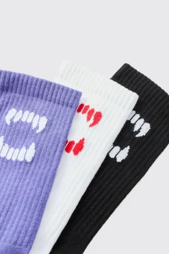 3 Pack Fang Ribbed Socks | BoohooMAN UK