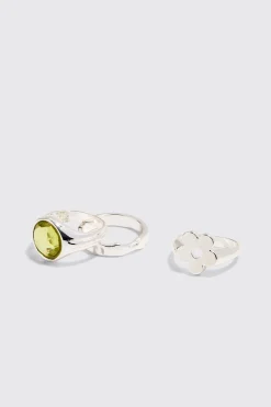 3 Pack Gem And Graphic Rings In Silver | BoohooMAN UK