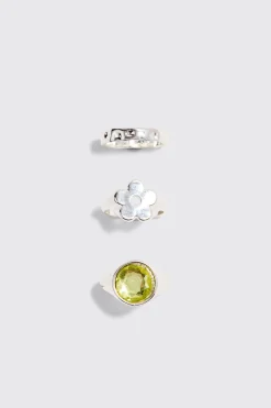 3 Pack Gem And Graphic Rings In Silver | BoohooMAN UK