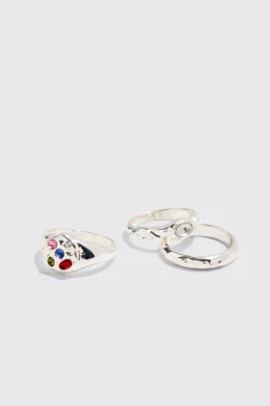 3 Pack Gem Rings In Silver | BoohooMAN UK