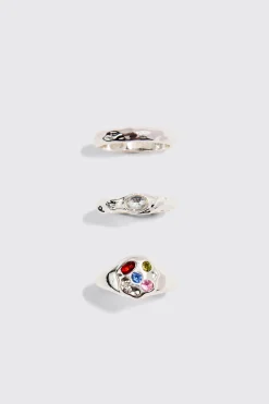 3 Pack Gem Rings In Silver | BoohooMAN UK