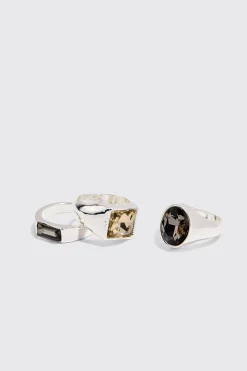 3 Pack Gem Stone Signet Rings In Silver | BoohooMAN UK