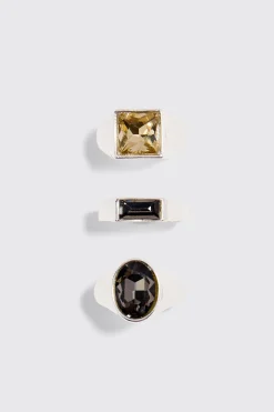 3 Pack Gem Stone Signet Rings In Silver | BoohooMAN UK