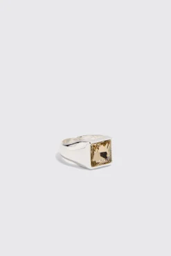 3 Pack Gem Stone Signet Rings In Silver | BoohooMAN UK