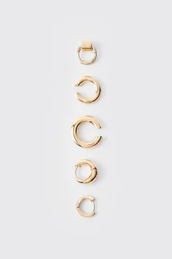 5 Pack Gold Hoop Earrings In Gold | BoohooMAN UK