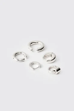 5 Pack Gold Hoop Earrings In Silver | BoohooMAN UK
