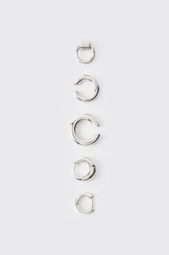 5 Pack Gold Hoop Earrings In Silver | BoohooMAN UK