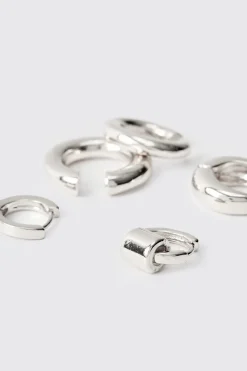 5 Pack Gold Hoop Earrings In Silver | BoohooMAN UK