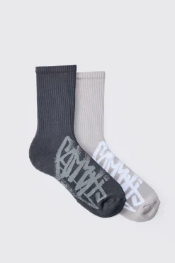 2 Pack Graffiti Ribbed Socks | BoohooMAN UK