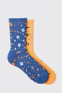 2 Pack Halloween Ribbed Socks | BoohooMAN UK