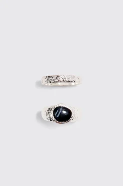 2 Pack Marble Stone Rings In Silver | BoohooMAN UK
