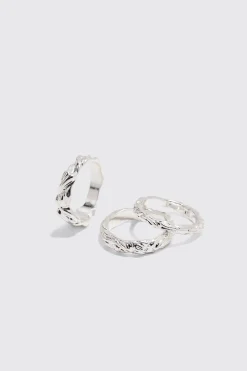 3 Pack Melted Effect Rings In Silver | BoohooMAN UK