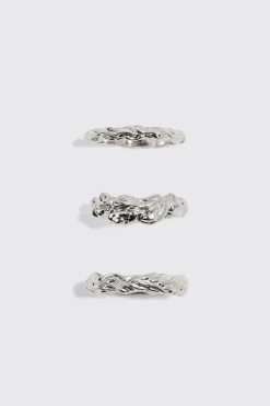 3 Pack Melted Effect Rings In Silver | BoohooMAN UK