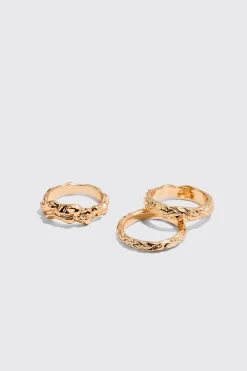 3 Pack Melted Effect Rings In Gold | BoohooMAN UK