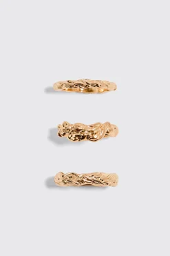 3 Pack Melted Effect Rings In Gold | BoohooMAN UK