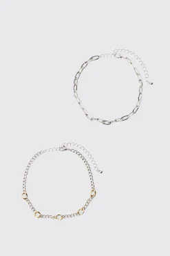 2 Pack Mix Metal Bracelets | BoohooMAN UK