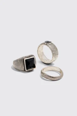 3 Pack Mixed Bead Rings | BoohooMAN UK
