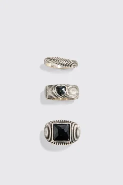 3 Pack Mixed Bead Rings | BoohooMAN UK