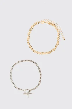 2 Pack Mixed Metal Pearl Pendant Bracelets | BoohooMAN UK