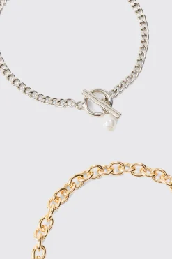 2 Pack Mixed Metal Pearl Pendant Bracelets | BoohooMAN UK